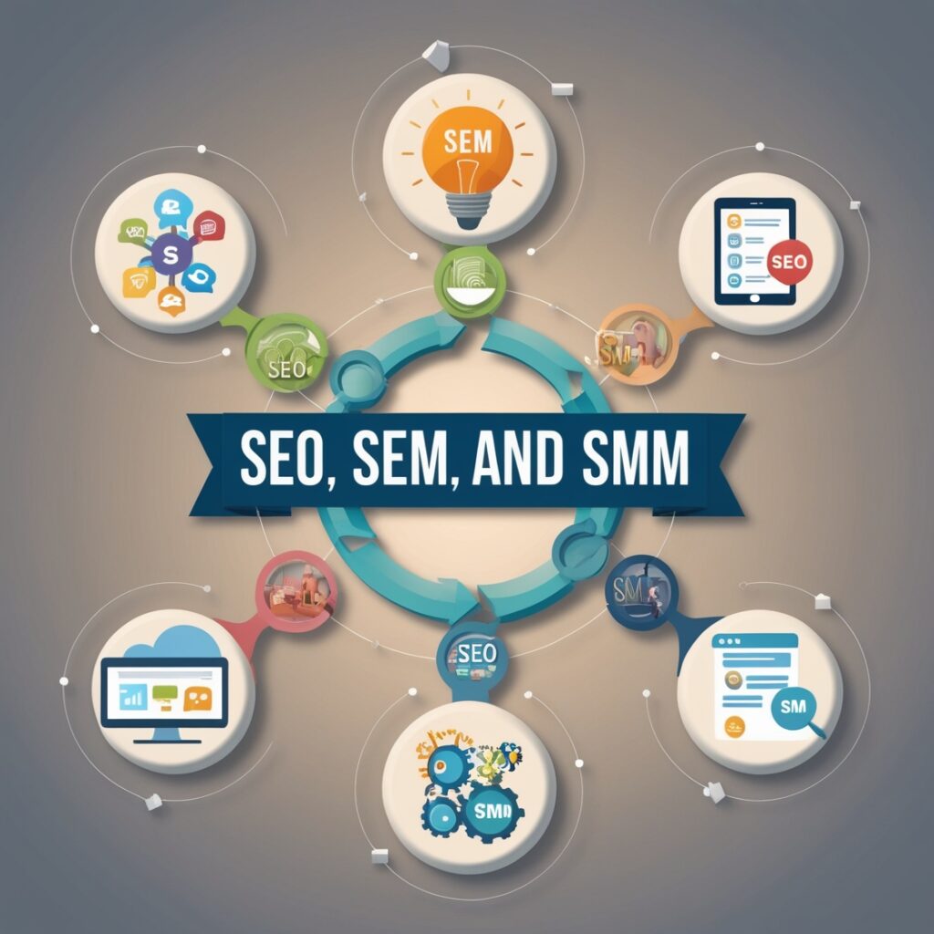 This Image shows a strong relationship between SEO,SEM and SMM By Freelance Digital Marketer in Kottayam